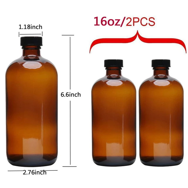 Alt view image 5 of 7 - 2pcs 16oz Amber Glass Boston Round Bottles with Phenolic Poly Cone Caps, Air Tight Seal for Storing Condiments, Essential Oils, and More
