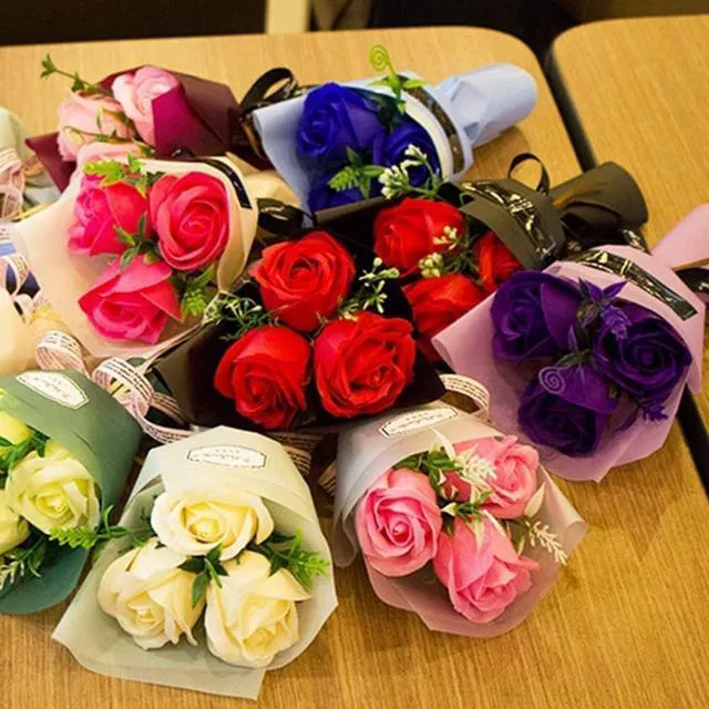 Alt view image 6 of 6 - Red 3-Head Artificial Rose Soap Flower Bouquet, Valentine's Day Gifts for Women, Girlfriend, Friend, Birthday, Christmas