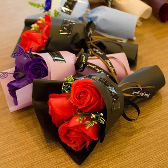 Alt view image 4 of 6 - Red 3-Head Artificial Rose Soap Flower Bouquet, Valentine's Day Gifts for Women, Girlfriend, Friend, Birthday, Christmas