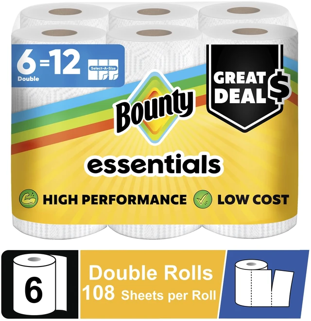 Main image of Bounty Essentials Select-A-Size Paper Towels, 6 Double Rolls, 108 Sheets per Roll, White