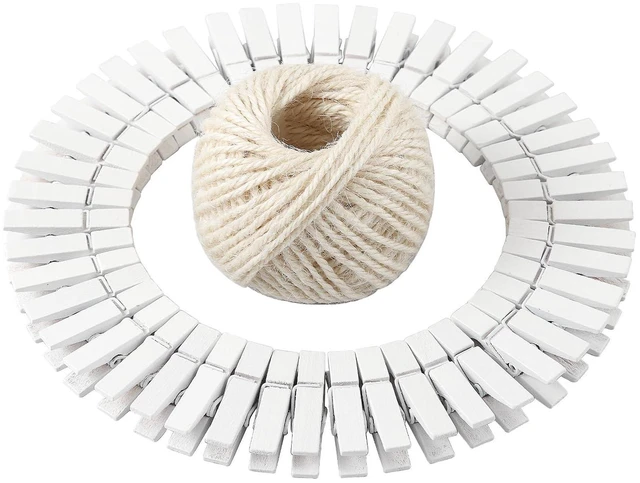 Main image of HSTECH 100 Pcs White Mini Natural Wooden Clothespins with 82 Ft Jute Twine and 1.38in Craft Photo Clips for Home School Arts Crafts Decor Weddings