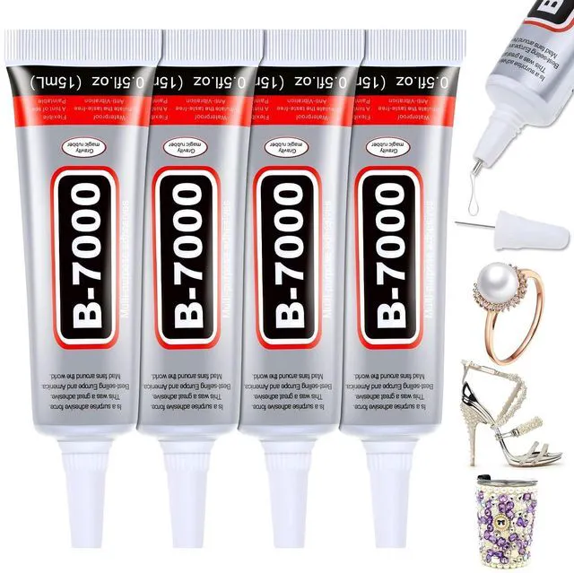 Main image of B7000 Clear Glue 4-Pack 15mL Strong Adhesive with Precision Tip for Rhinestones Jewelry Bead Gem Making, Quick Dry Bedazzling for Clothes Fabric Shoes DIY Crafts Nail Art