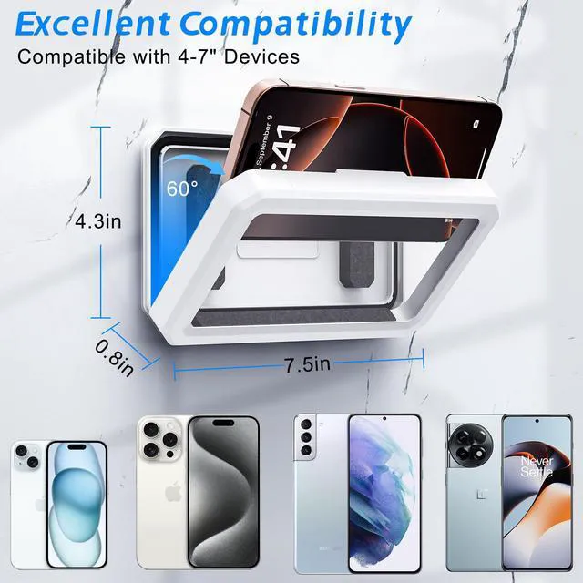 Alt view image 2 of 6 - Waterproof Shower Phone Holder, 480 Rotatable, Multi-Angle Adjustable, Wall Mounted for Bathroom Bathtub Kitchen Mirror, Compatible with 4-7" Smartphones