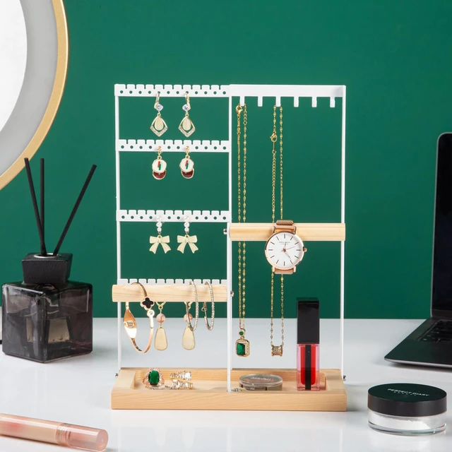 Alt view image 4 of 6 - Lengnoy 4 Tier Earring Holder with 48 Holes and 6 Hooks, Wood Jewelry Organizer Box for Necklace Bracelet Earring Ring, White