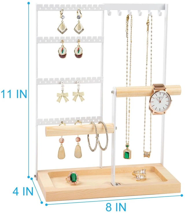 Alt view image 5 of 6 - Lengnoy 4 Tier Earring Holder with 48 Holes and 6 Hooks, Wood Jewelry Organizer Box for Necklace Bracelet Earring Ring, White