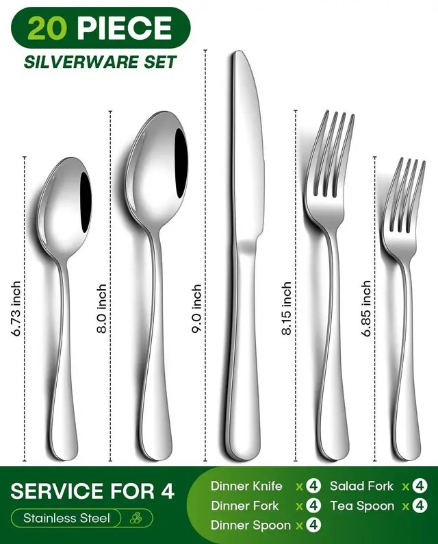 Alt view image 3 of 6 - PHILIPALA 20 Piece Stainless Steel Food Grade Silverware Set, Flatware for 4, Includes Knife Fork Spoon, Mirror Polished, Dishwasher Safe