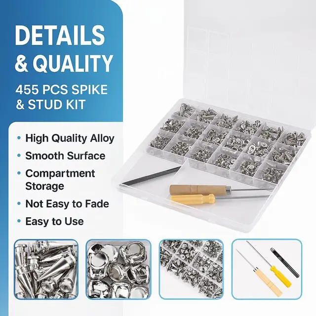 Alt view image 4 of 7 - Craluur 455 Piece Studs and Spikes Kit for Clothing, Punk Metal