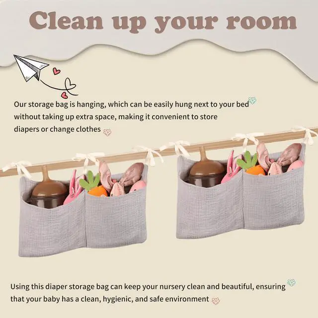 Alt view image 4 of 6 - Cotton Bedside Hanging Organizer for Baby Nappy Bags, Milk Bottle, Bib Storage - Dormitory Bed Bunk Crib Organizer (Khaki)