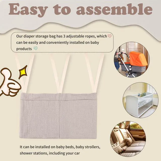 Alt view image 3 of 6 - Cotton Bedside Hanging Organizer for Baby Nappy Bags, Milk Bottle, Bib Storage - Dormitory Bed Bunk Crib Organizer (Khaki)