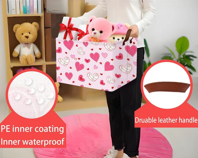 Alt view image 7 of 7 - Large Valentine's Day Heart-Shaped Storage Bin Collapsible Organizer for Gifts Room Decor Pink Bottom Lines White Love
