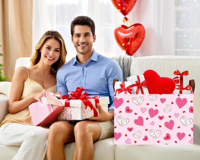 Alt view image 5 of 7 - Large Valentine's Day Heart-Shaped Storage Bin Collapsible Organizer for Gifts Room Decor Pink Bottom Lines White Love