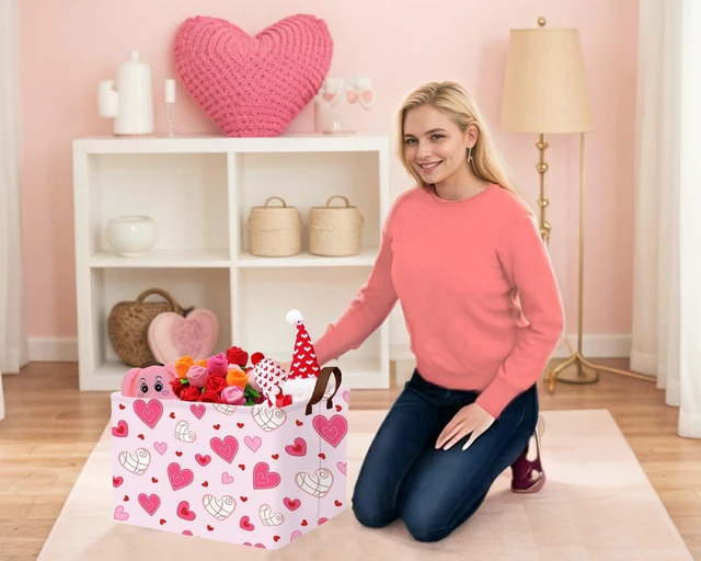 Alt view image 4 of 7 - Large Valentine's Day Heart-Shaped Storage Bin Collapsible Organizer for Gifts Room Decor Pink Bottom Lines White Love