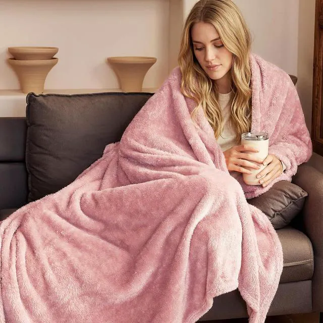 Alt view image 2 of 6 - Exclusivo Mezcla Large Fuzzy Fleece Throw Blanket, Dusty Pink