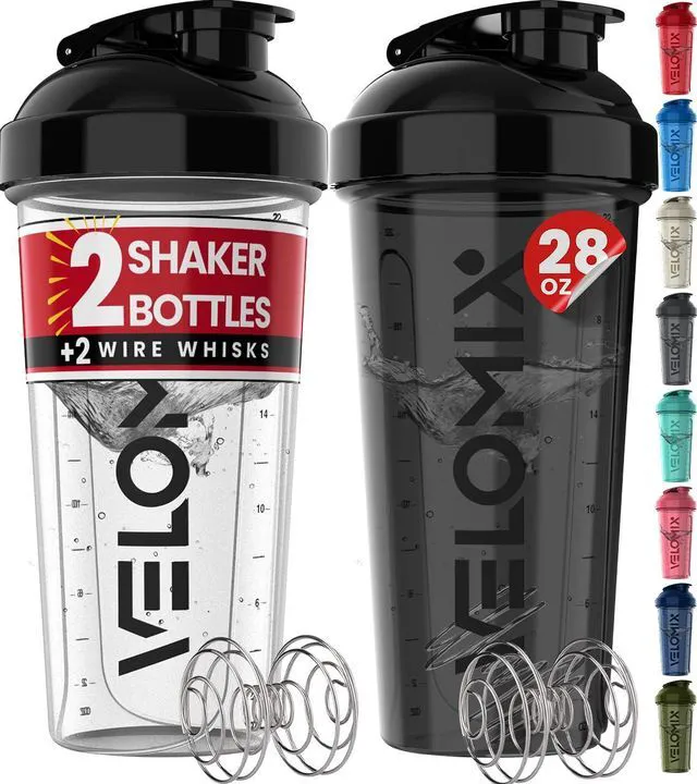 Main image of VELOMIX 2 Pack 28oz Protein Shaker Bottle, Black/Transparent