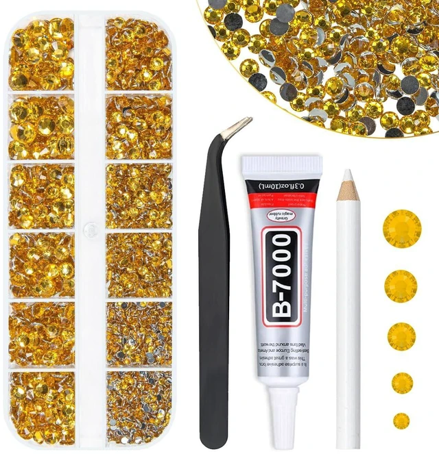 Main image of Qiipii Golden Yellow Crystal Resin Rhinestones with B7000 Jewelry Glue, Gold Flatback Stones 2-6mm for Bedazzling, Crafting, Nails, Face, Eyes, Makeup, Tumblers, Crafts