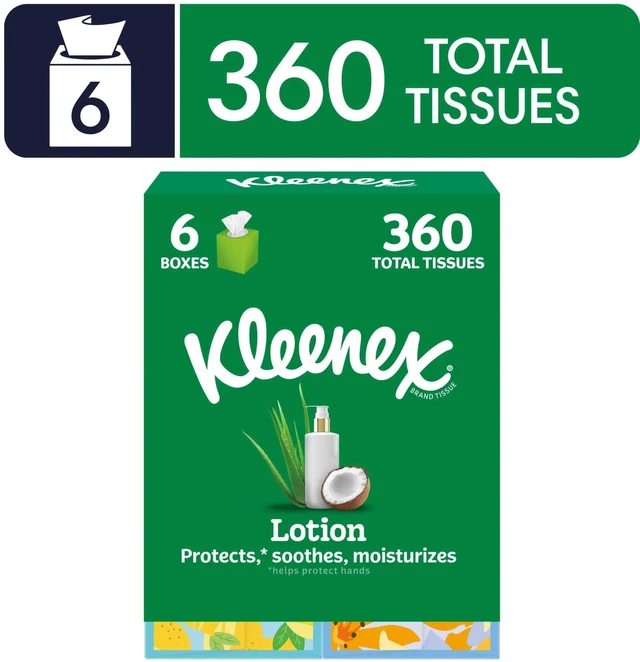 Main image of Kleenex Lotion with Coconut Oil 3-Ply Facial Tissues, Cube Box, 6 Pack (360 Tissues)