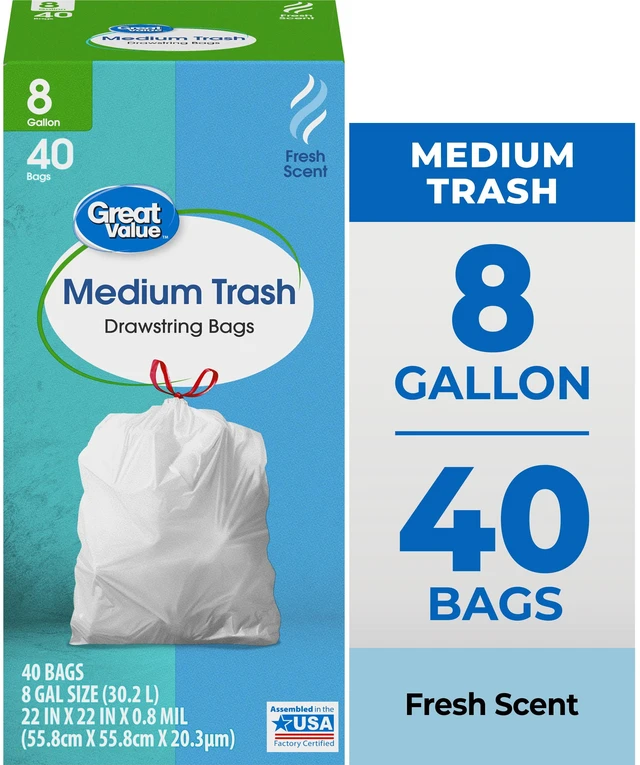 Main image of Great Value 8-Gallon Drawstring Trash Bags, Fresh Scent, 40 Bags
