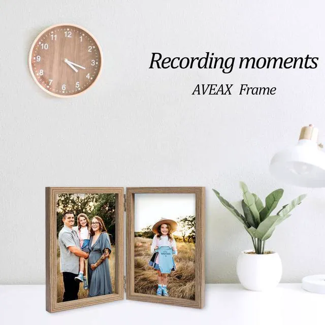 Alt view image 6 of 6 - AVEAX Double 4x6 Hinged Folding Picture Frame with Plexiglass Front Vertical Desktop Frame Wood Grain
