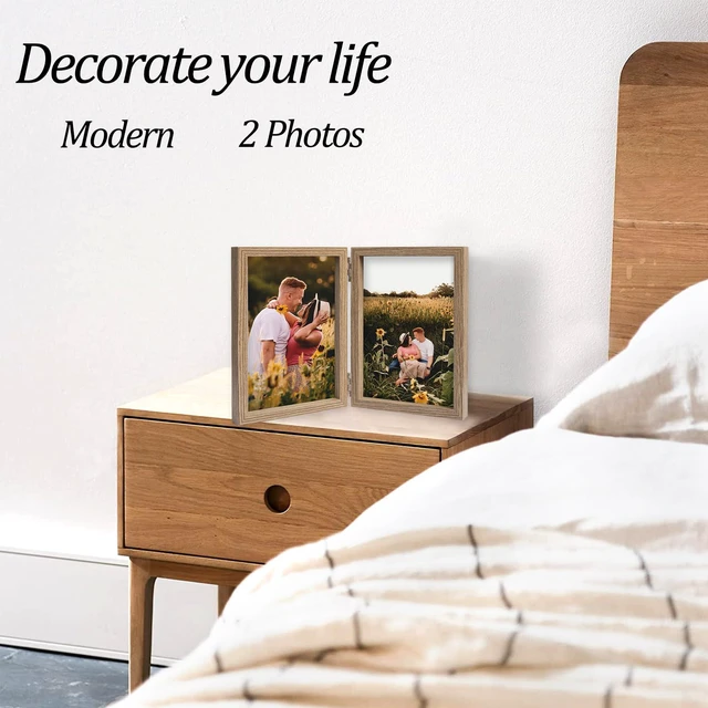 Alt view image 4 of 6 - AVEAX Double 4x6 Hinged Folding Picture Frame with Plexiglass Front Vertical Desktop Frame Wood Grain