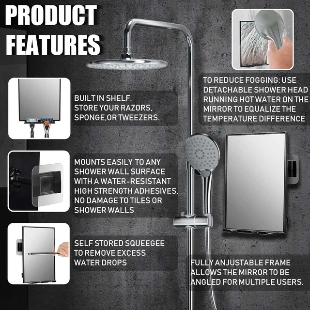 Alt view image 3 of 7 - LFOYOU Shower Mirror for Shaving and Face Washing with Squeegee, 2 Razor Holders, 360 Rotating, Easy Install, Home Shower Accessory (Not Fogless)