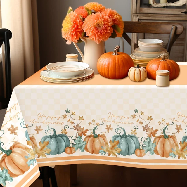 Alt view image 3 of 6 - Childom 2 PCS Thanksgiving Disposable Plastic Tablecloths 54 x 108 Inch Orange Pumpkin Maple Table Cover for Rectangle Home Parties Outdoor Picnic Baby Shower
