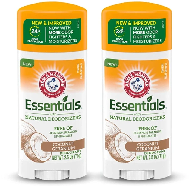 Main image of ARM & HAMMER Essentials Deodorant, Coconut Geranium, 2.5 oz (Pack of 2), Natural Deodorizers, Aluminum-Free, Paraben-Free, Phthalate-Free