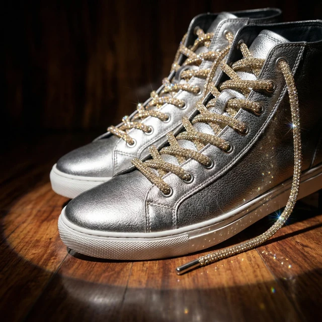 Alt view image 6 of 7 - NIIIYTYB 1Pair Gold Rhinestone Glitter Round Rope Shoelaces for Sneakers Tall Boots Fashion Shoes