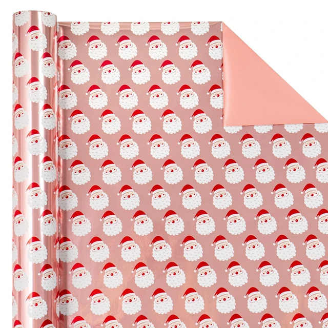 Alt view image 4 of 6 - WRAPAHOLIC Reversible Christmas Wrapping Paper Mini Roll 17Inch x 33Feet Santa Claus and Solid Rose Gold Design with Metallic Foil Shine for Holiday Party