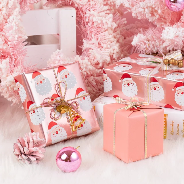 Alt view image 6 of 6 - WRAPAHOLIC Reversible Christmas Wrapping Paper Mini Roll 17Inch x 33Feet Santa Claus and Solid Rose Gold Design with Metallic Foil Shine for Holiday Party