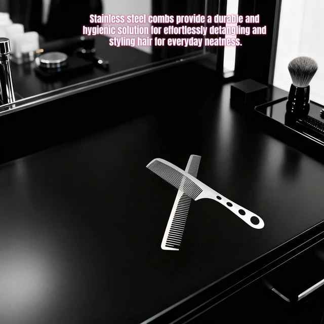 Alt view image 3 of 6 - 2 Pcs Stainless Steel Fine Tooth Comb Set, Anti-Static Heat Resistant Cutting & Styling Hair Combs with Hollow Out Handle, Professional Barber Comb for Men & Women