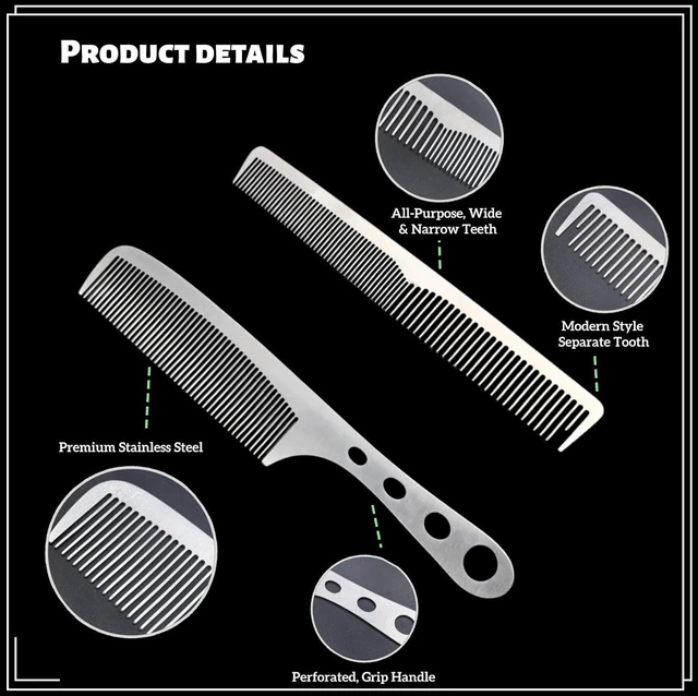Alt view image 4 of 6 - 2 Pcs Stainless Steel Fine Tooth Comb Set, Anti-Static Heat Resistant Cutting & Styling Hair Combs with Hollow Out Handle, Professional Barber Comb for Men & Women
