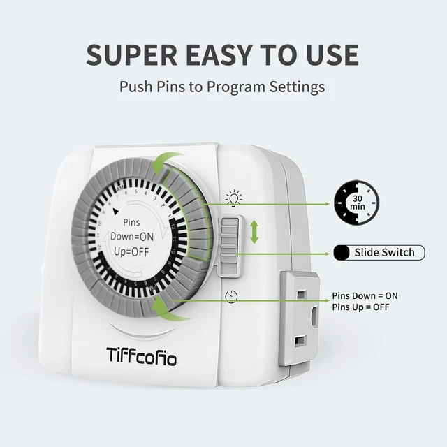 Alt view image 7 of 7 - TiFFCOFiO Indoor Mechanical Outlet Timer, 3-Prong, 24-Hour Programmable Plug-in, ETL Listed (2 Outlets, 1 Pack)
