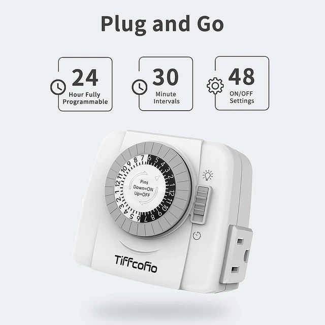 Alt view image 4 of 7 - TiFFCOFiO Indoor Mechanical Outlet Timer, 3-Prong, 24-Hour Programmable Plug-in, ETL Listed (2 Outlets, 1 Pack)