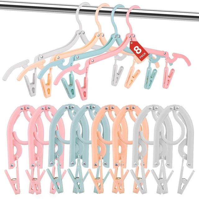 Main image of 8 Pack Foldable Travel Hangers with 16 Clips - Space Saving Portable Collapsible Hooks for Cruise, RV, Hotel (Assorted Colors)