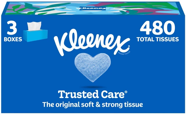 Main image of Kleenex Trusted Care Facial Tissues, 3 Flat Boxes, 160 Tissues per Box