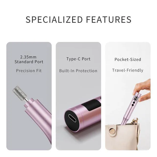 Alt view image 4 of 6 - Professional Cordless Nail Drill Kit with 5 Metal Bits, 30 Sanding Bands & Dust Cover for Gel Acrylic Nails, Manicure Pedicure, Callus Removal, Salon Home Use - Pink
