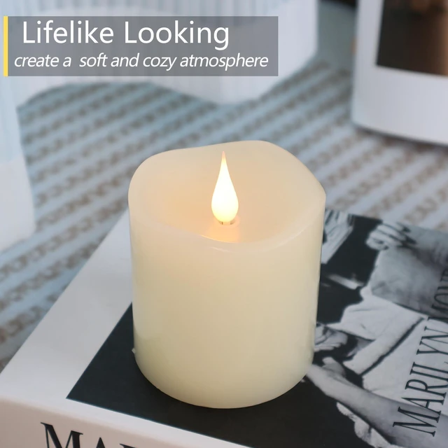 Alt view image 2 of 6 - TECHLONG Flameless Candles Battery Operated with Timer, 3D Moving Flame Flickering, 600+ Hours, 3" x 3" Ivory Real Wax Electric LED Candle