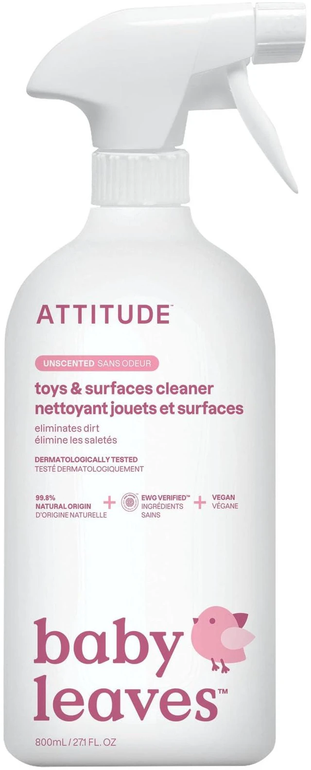 Main image of Attitude Baby & Kids Toy Cleaner Spray, EWG Verified, Multi-Surface Cleaner for Toys, High Chairs & Play Areas, Naturally Derived, Vegan, Unscented, 27.1Fl Oz