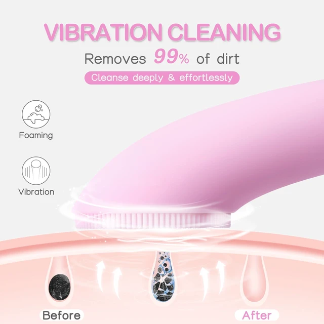 Alt view image 6 of 6 - PRITECH Rechargeable Silicone Facial Cleansing Brush with Heat Massage, Waterproof Vibrating Exfoliator, Pink