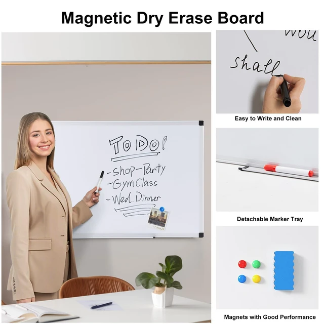 Alt view image 5 of 6 - OLIXIS Magnetic Dry Erase White Board 36" x 24" with 1 Eraser, 2 Multicolor Markers, 4 Magnetic Pins, Aluminum Frame, White