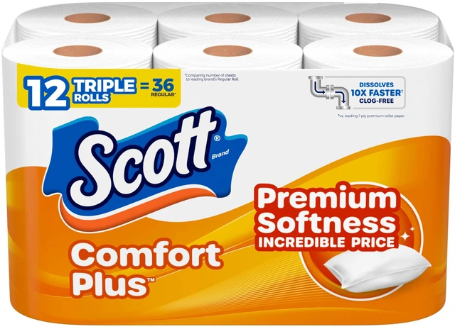 Main image of Scott ComfortPlus 12 Triple Rolls, 231 Sheets per Roll, Septic-Safe, 1-Ply Toilet Tissue