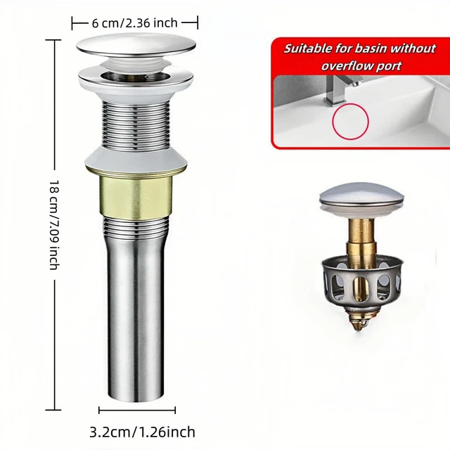 Alt view image 4 of 6 - Pop-Up Sink Drain, Stainless Steel, Hair Catcher Filter, for No Overflow Basin, 7.09inch Length, Brushed Nickel (Nonporous)