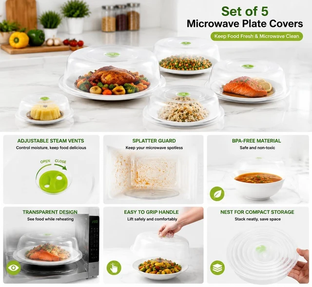 Alt view image 6 of 7 - Set of 5 Microwave Plate Covers with Adjustable Steam Vents, Mixed Sizes for Large and Small Plates Bowls