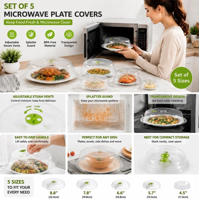 Alt view image 4 of 7 - Set of 5 Microwave Plate Covers with Adjustable Steam Vents, Mixed Sizes for Large and Small Plates Bowls