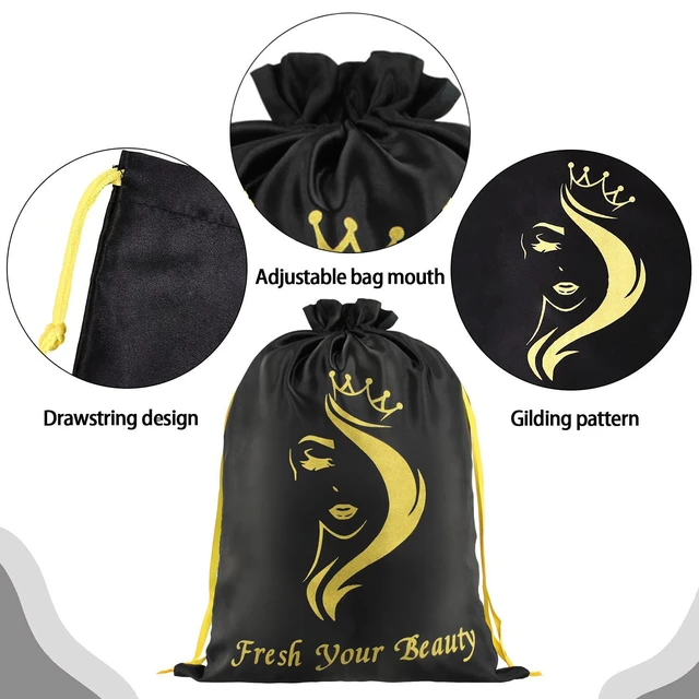 Alt view image 4 of 6 - 2PCS Satin Soft Silky Drawstring Storage Pouches for Hair Extensions, Bundles, Styling Tools, Business Gift Containers (Black)