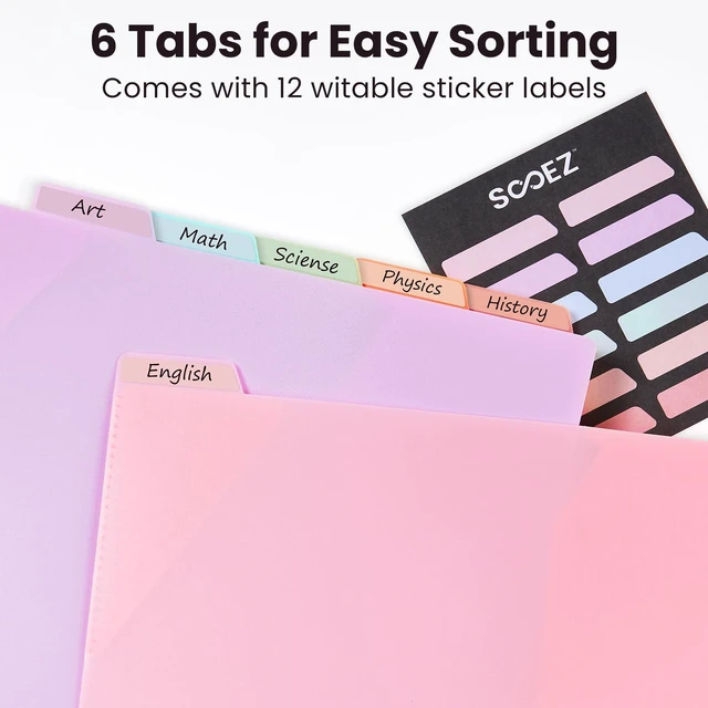 Alt view image 2 of 7 - Sooez 6-Pack Plastic Pocket Folders with Tabs and Writable Label Stickers, Fits 3-Ring Binder, Holds Letter/A4 Size Paper, Pastel Colors
