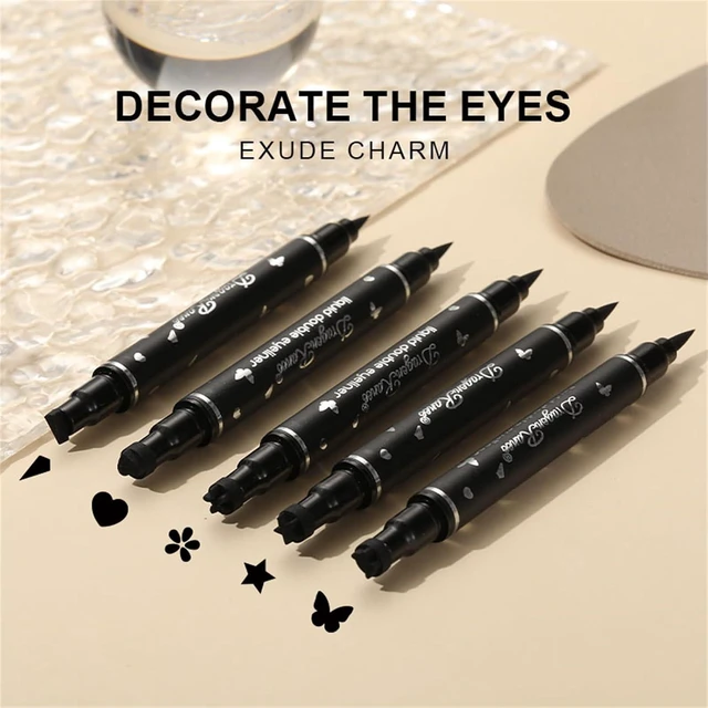 Alt view image 6 of 7 - 5Pcs Double-Headed Liquid Eyeliner Stamp Pencil Set, Winged Long-Lasting Black Tattoo Eyeliner Shapes Heart/Flower/Star/Butterfly/Cone for Women