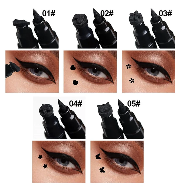 Alt view image 5 of 7 - 5Pcs Double-Headed Liquid Eyeliner Stamp Pencil Set, Winged Long-Lasting Black Tattoo Eyeliner Shapes Heart/Flower/Star/Butterfly/Cone for Women