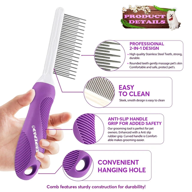 Alt view image 7 of 7 - GENPEPADO Detangling Pet Grooming Comb for Dogs and Cats with Matted Hair, Long and Short Stainless Steel Fine Teeth, Removes Mats, Tangles, Knots & Loose Fur from Underc