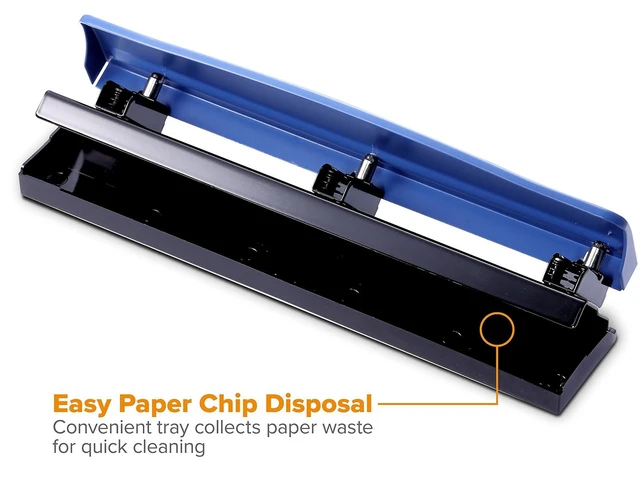 Alt view image 3 of 5 - Bostitch Office Premium 3 Hole Punch, 12-Sheet Capacity, Metal, Rubber Base, Easy-Clean Tray, Silver